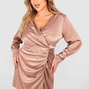 Plus Satin Shirt Wrap Dress