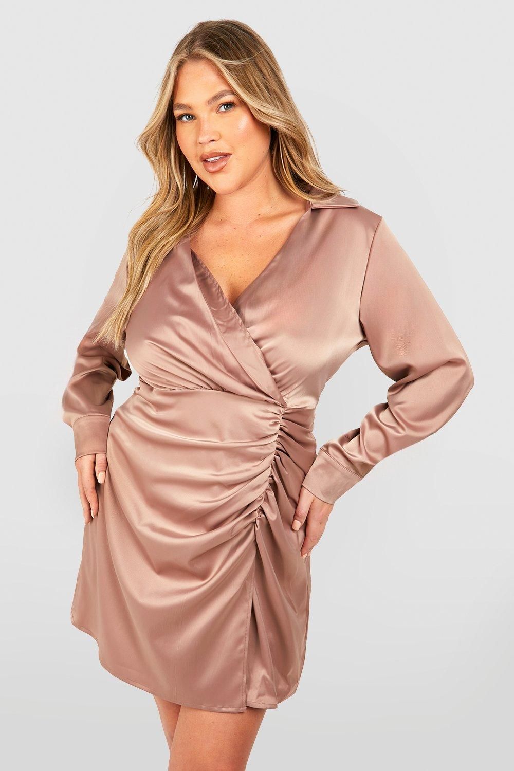 Plus Satin Shirt Wrap Dress