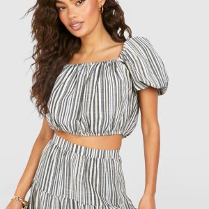 Tonal Linen Look Volume Sleeve Bardot