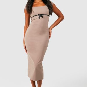 Cap Sleeve Bengaline Bow Detail Midaxi Dress
