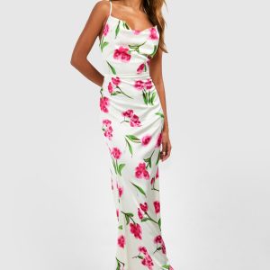 Floral Satin Midi Cowl Slip Dress