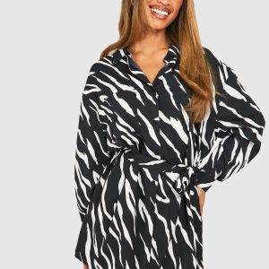 Zebra Batwing Belted Shirt Dress