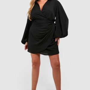 Plus Blouson Sleeve Wrap Dress