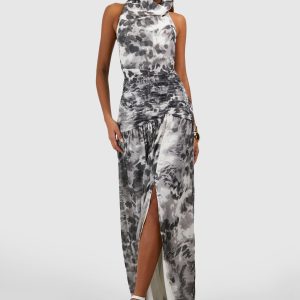 Chiffon Maxi Leopard Print Halterneck Dress