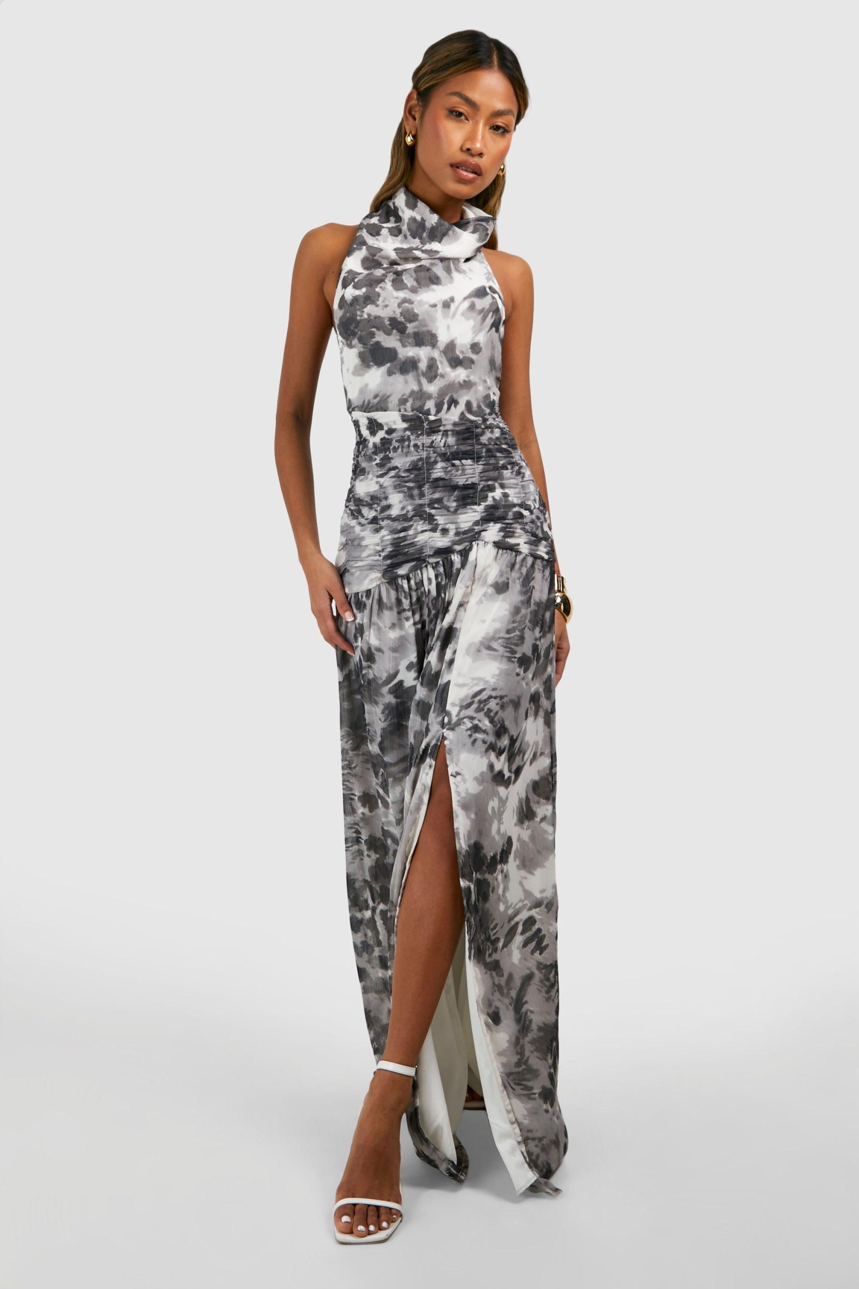 Chiffon Maxi Leopard Print Halterneck Dress
