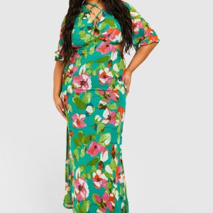 Plus Woven Floral Print Plunge Long Sleeve Midaxi Dress