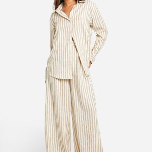 Stripe Linen Look Wide Leg Trousers