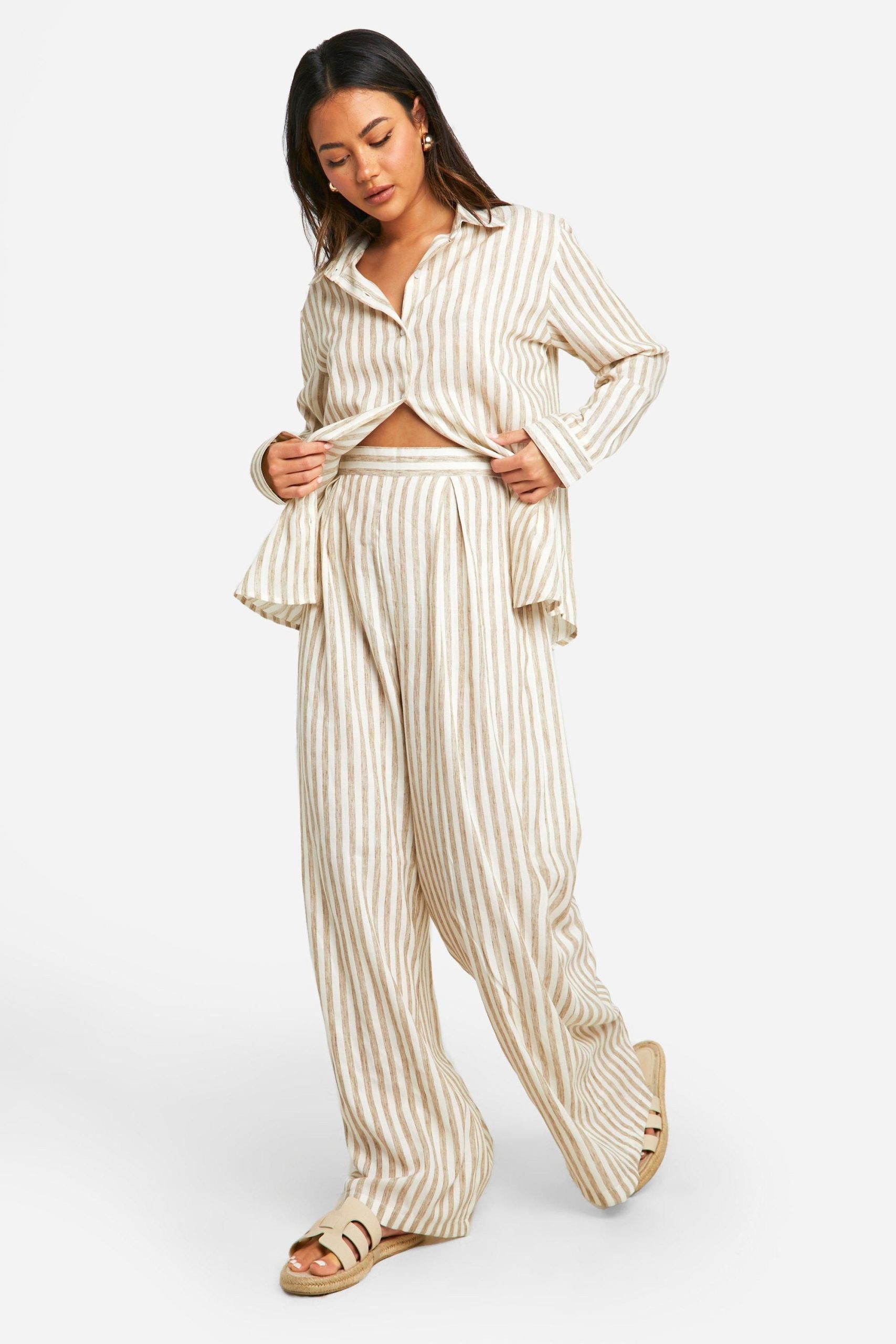 Stripe Linen Look Wide Leg Trousers - Image 3