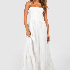 Linen Look Shirred Stripe Bandeau Maxi Dress