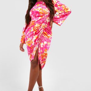 Plus Woven Floral Ruched Midi Dress