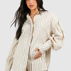 Maternity Stripe Linen Look Oversized Shirt