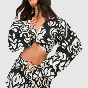 Petite Mono Print Linen Look Belted Short