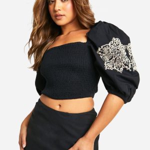 Petite Embroidery Puff Sleeve Crop Top