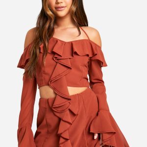 Chiffon Ruffle Front Bardot Crop