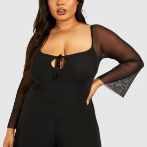 Plus Mesh Tie Detail Flared Sleeve Floaty Playsuit