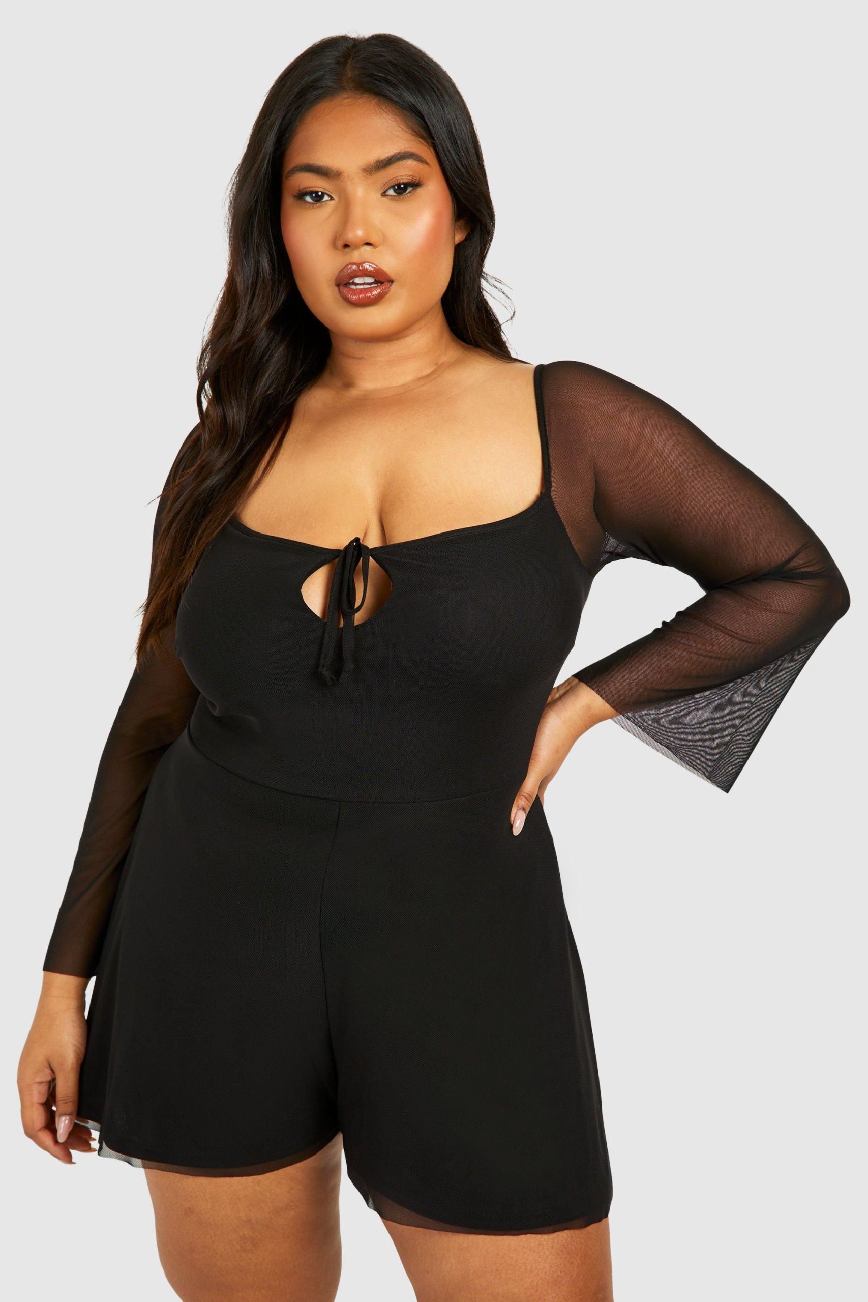 Plus Mesh Tie Detail Flared Sleeve Floaty Playsuit