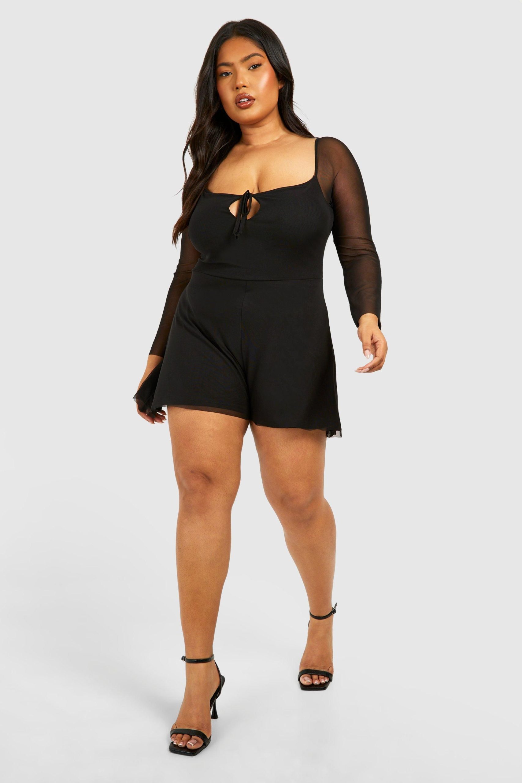 Plus Mesh Tie Detail Flared Sleeve Floaty Playsuit - Image 3