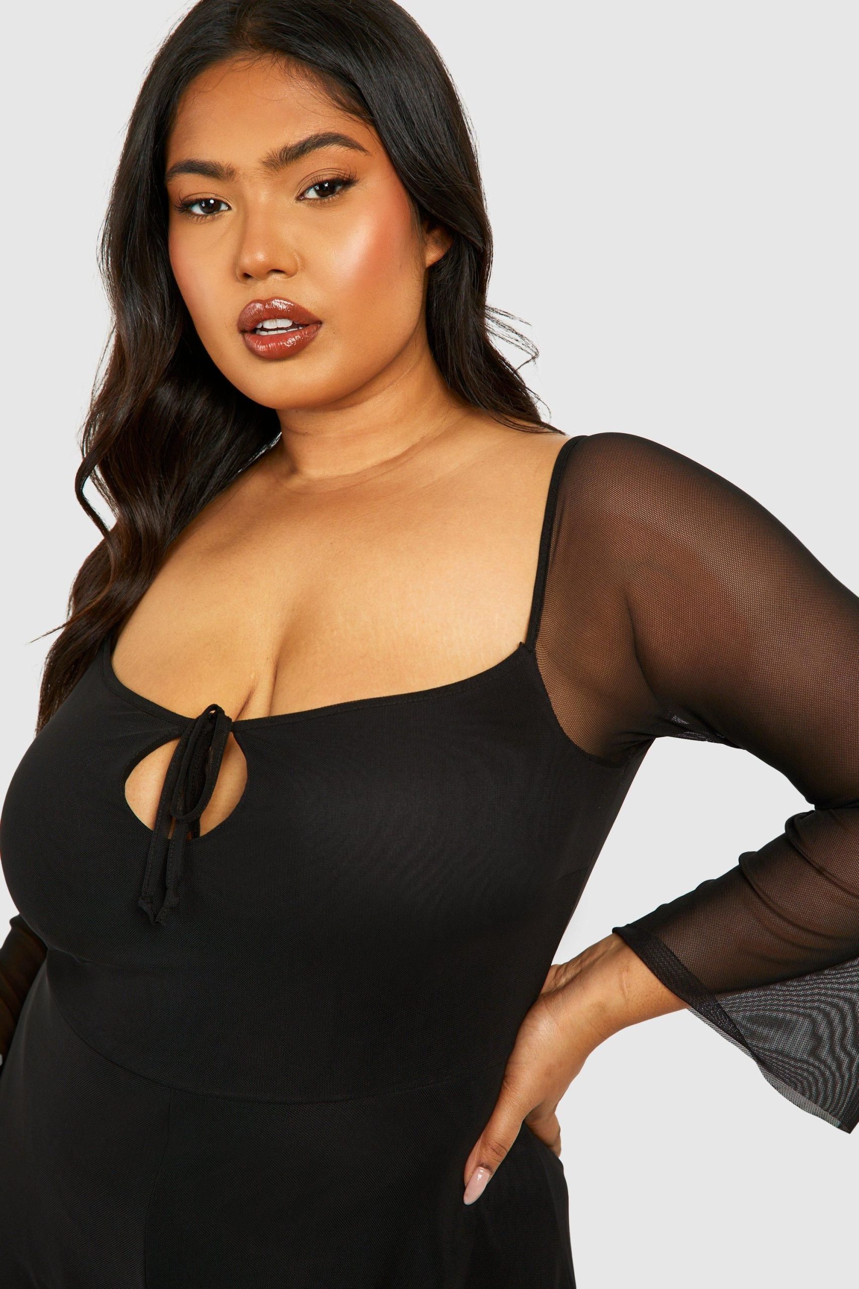Plus Mesh Tie Detail Flared Sleeve Floaty Playsuit - Image 4