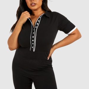 Plus Contrast Button Down Cotton Playsuit