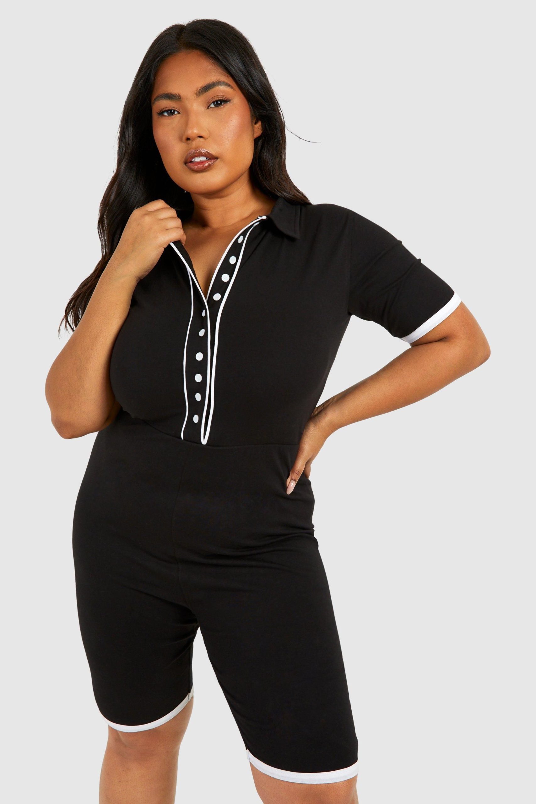Plus Contrast Button Down Cotton Playsuit
