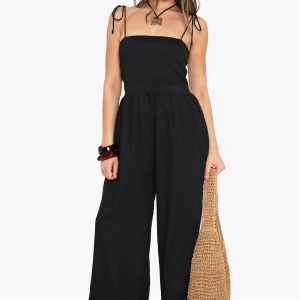 Linen Look Shirred Bandeau Jumpsuit