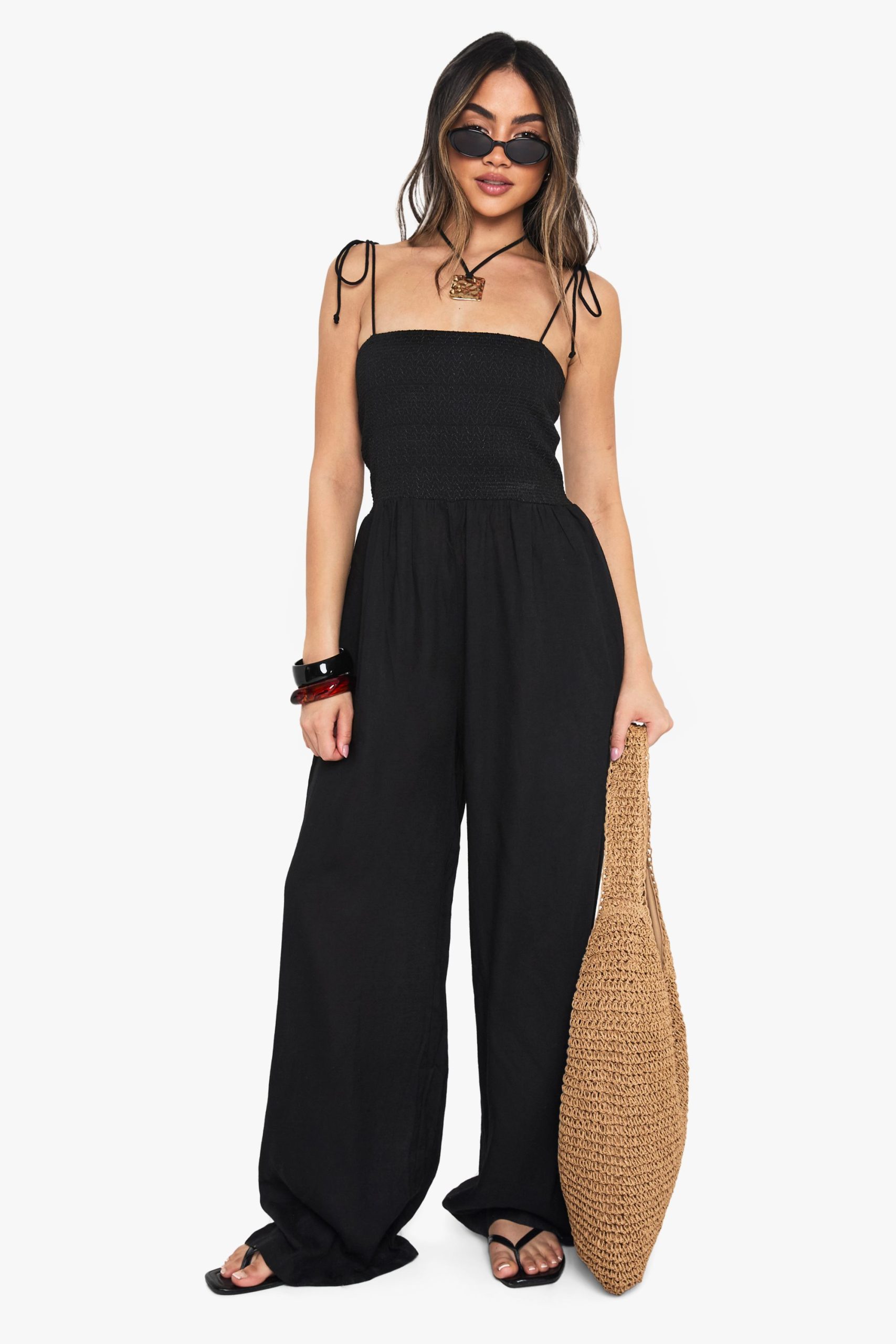 Linen Look Shirred Bandeau Jumpsuit