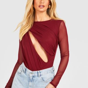 Ruched Mesh Cut Out Long Sleeve Bodysuit