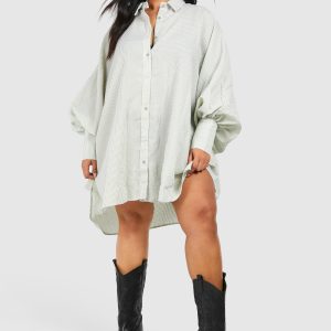 Plus Textured Stripe Volume Sleeve Shirt Dress