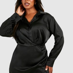 Plus Satin Collar Shirt Wrap Dress