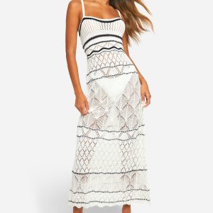 Monochrome Pointelle Knitted Maxi Dress