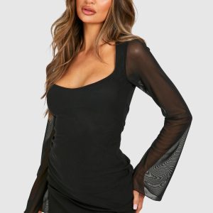 Mesh Flare Sleeve Mini Dress
