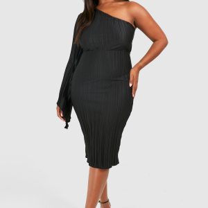 Plus Wide Plisse Cape Sleeve Detail Midi Dress