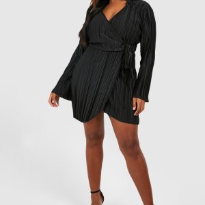 Plus Wide Plisse Wrap Shirt Dress