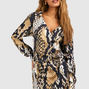 Snake Satin Wrap Shirt Dress