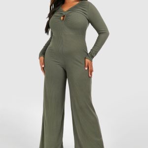 Plus Rib Key Hole Detail Wide Leg Jumpsuit