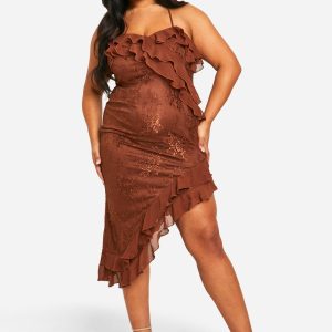 Plus Lace Frill Asymmetric Midaxi Dress