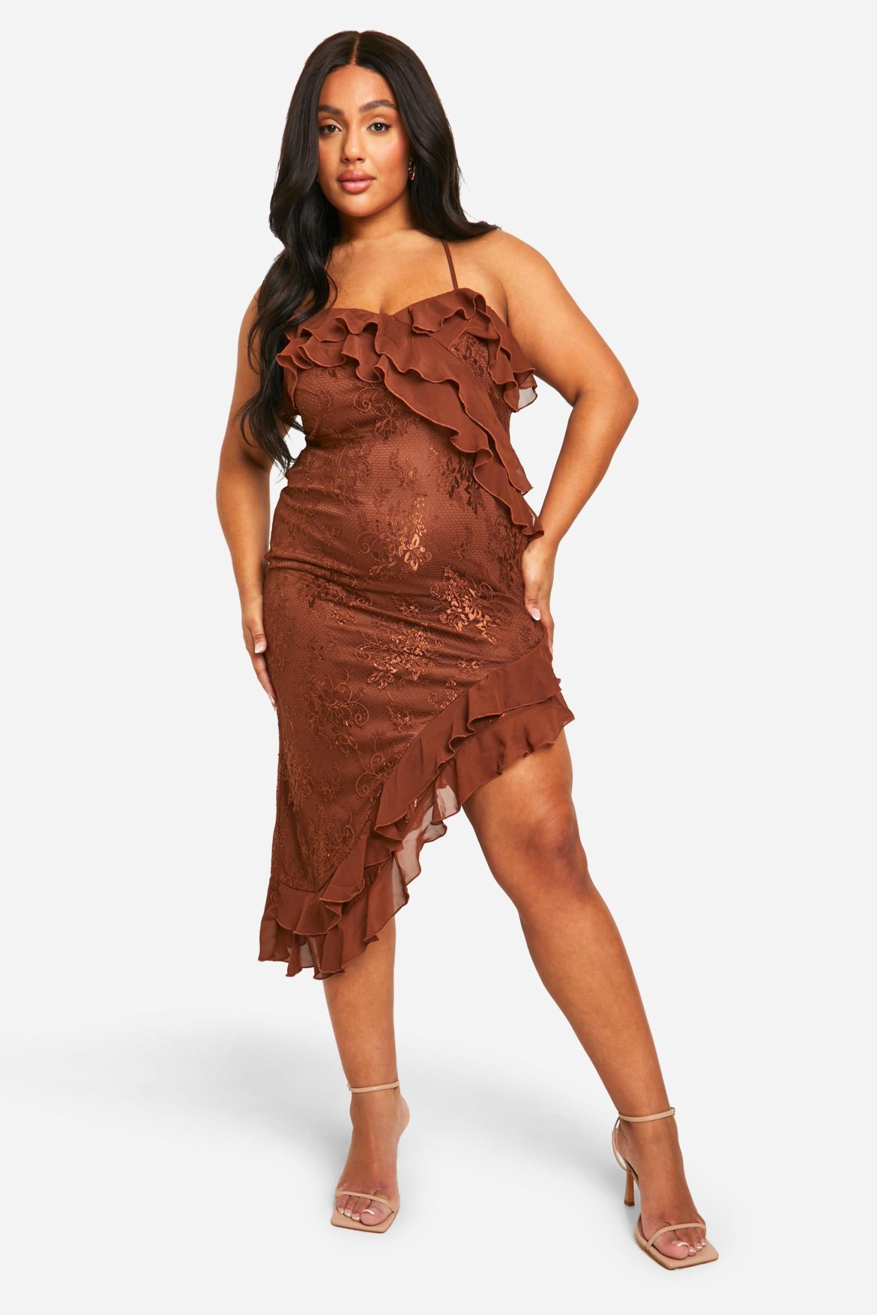 Plus Lace Frill Asymmetric Midaxi Dress