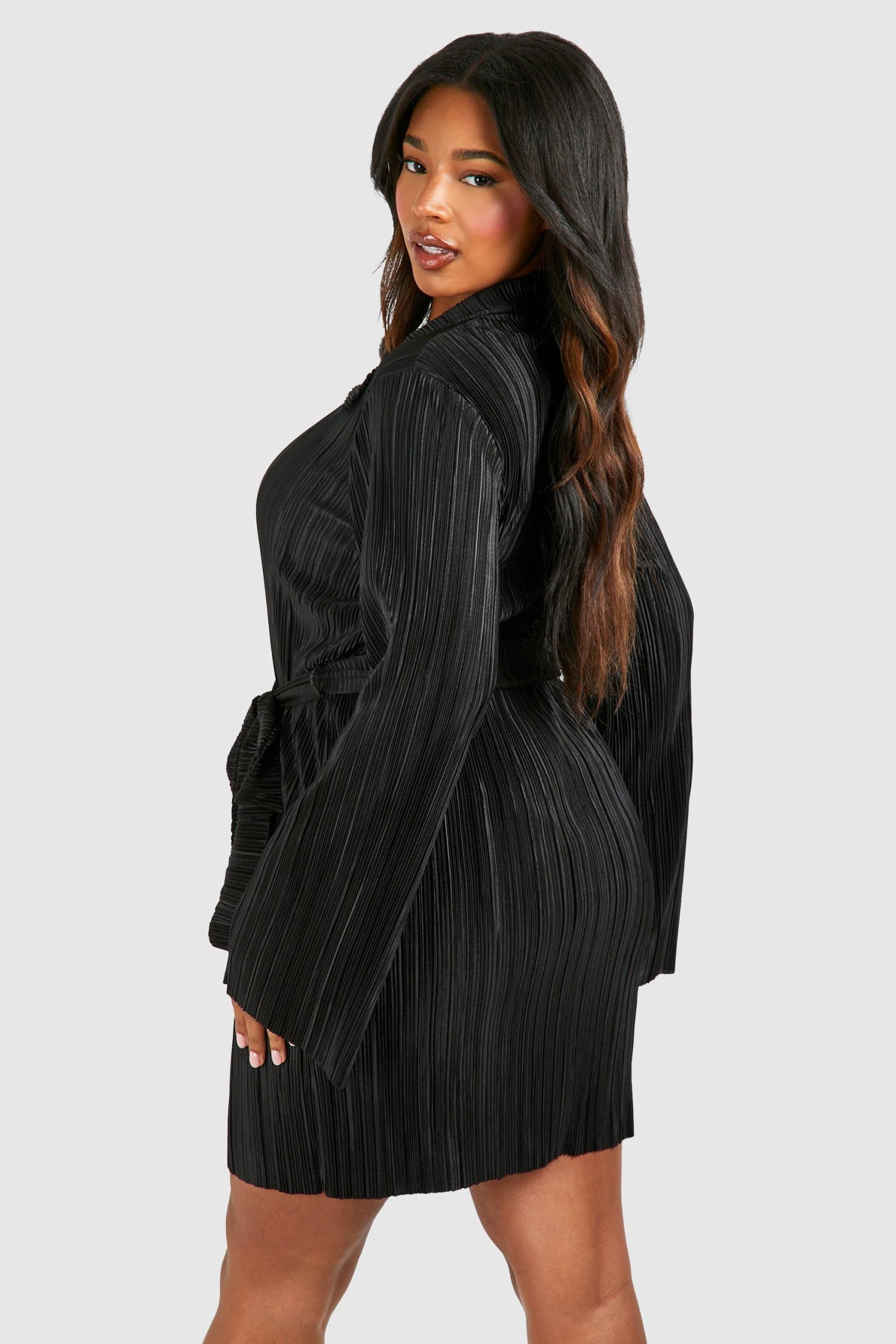 Plus Plisse Flared Sleeve Tie Shirt Dress - Image 2