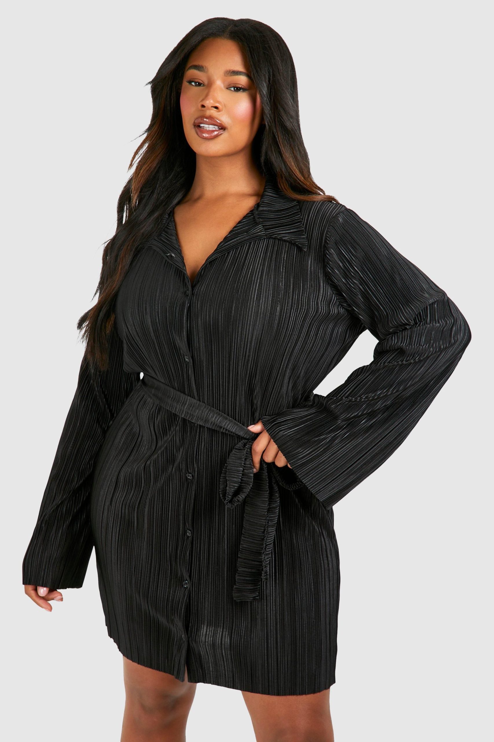 Plus Plisse Flared Sleeve Tie Shirt Dress - Image 3