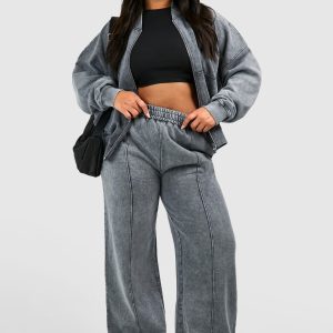 Plus Washed Zip Through Bomber Straight Leg Tracksuit