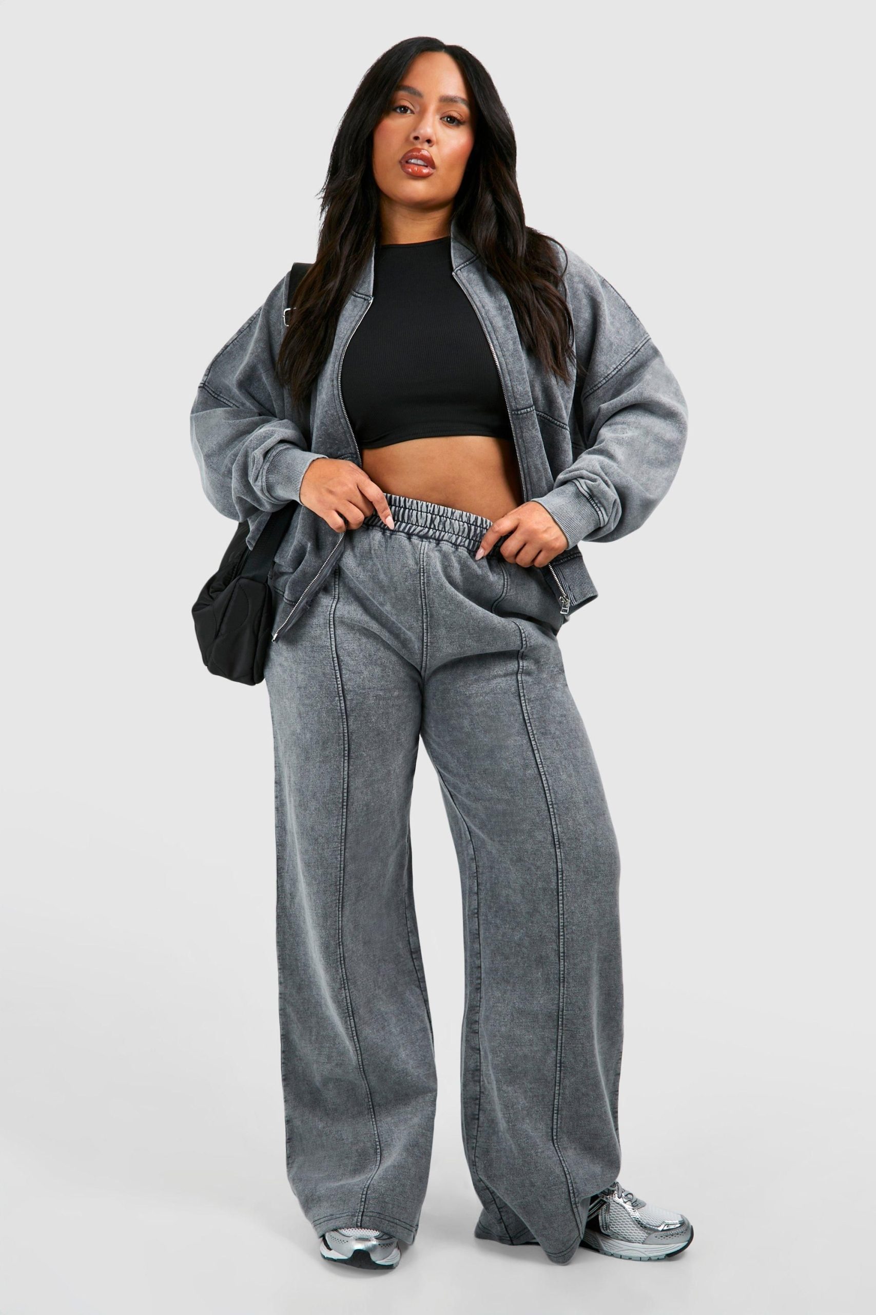 Plus Washed Zip Through Bomber Straight Leg Tracksuit