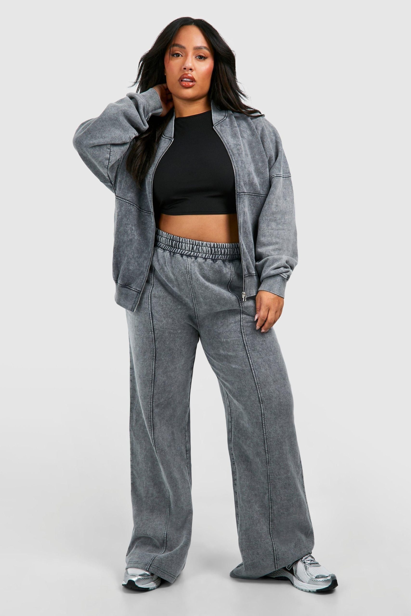 Plus Washed Zip Through Bomber Straight Leg Tracksuit - Image 3