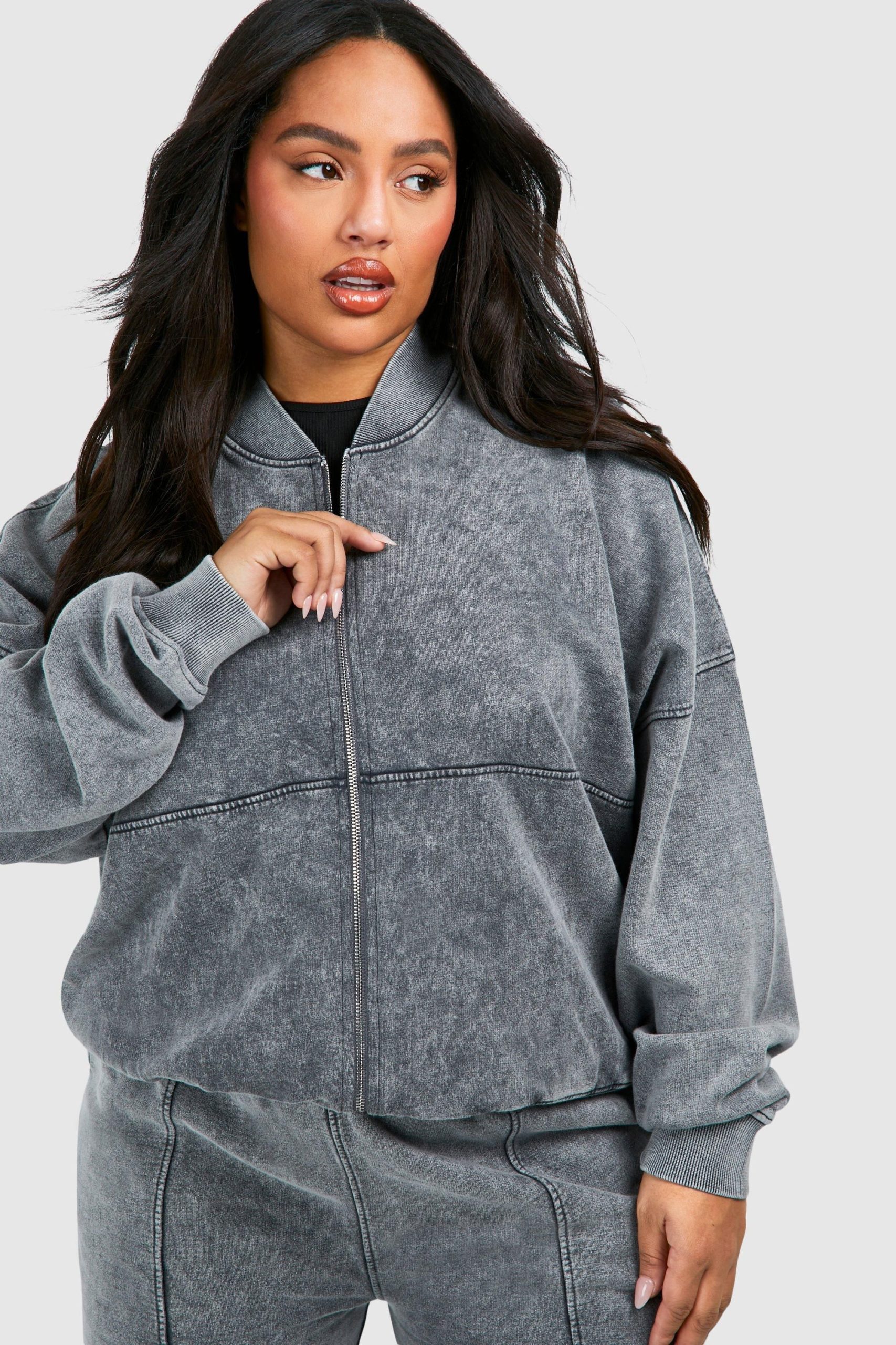 Plus Washed Zip Through Bomber Straight Leg Tracksuit - Image 4