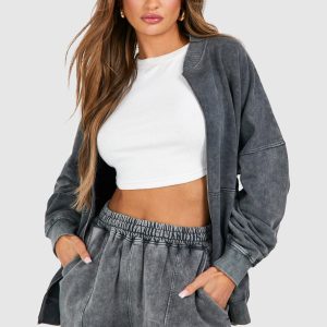 Acid Wash Bomber Zip Through Short Tracksuit