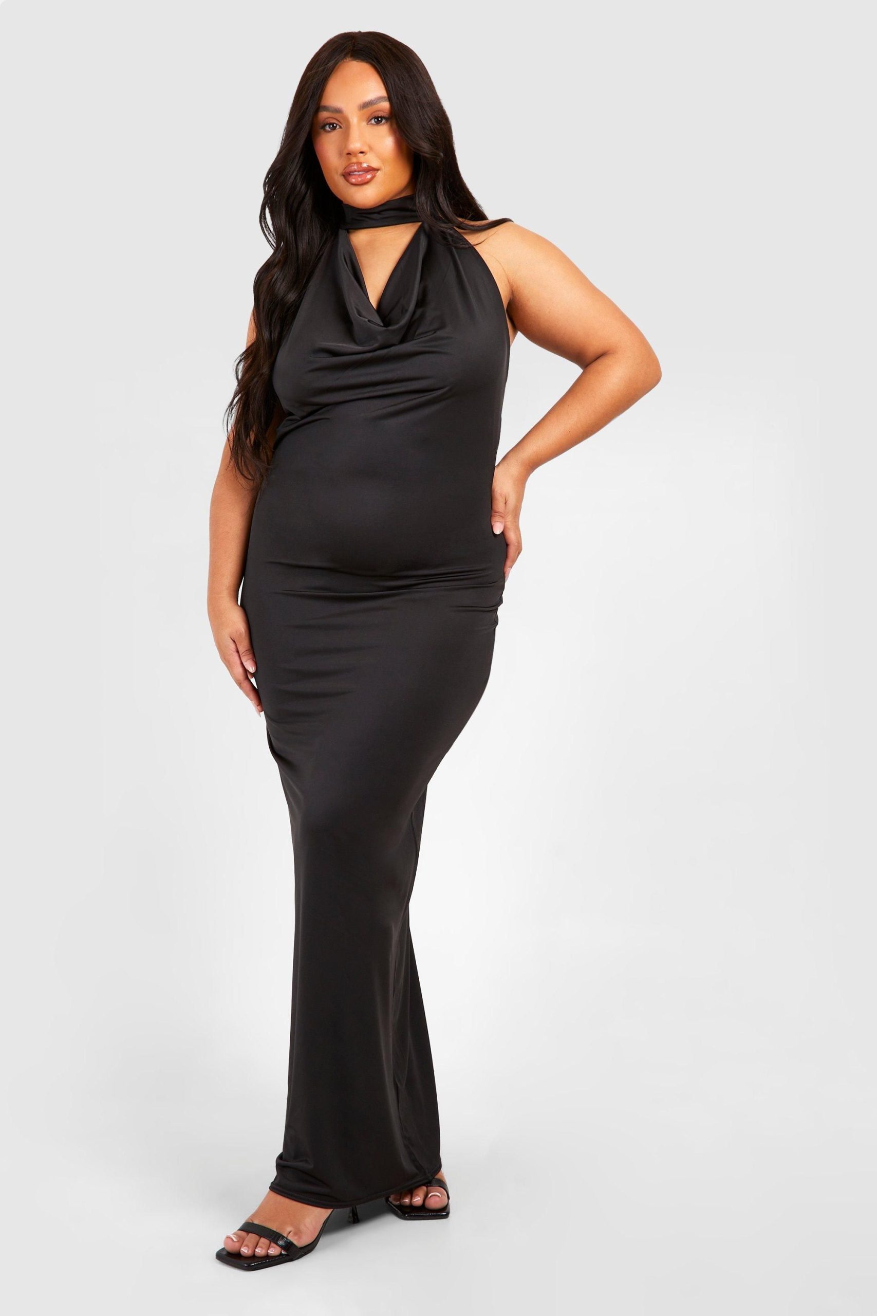 Plus Drape Halterneck Slinky Maxi Dress