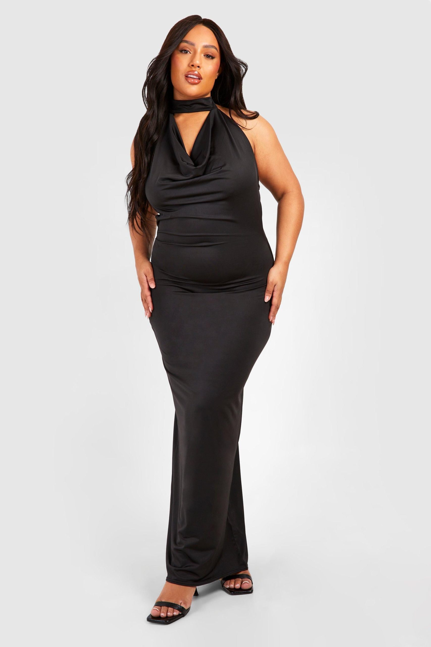 Plus Drape Halterneck Slinky Maxi Dress - Image 3