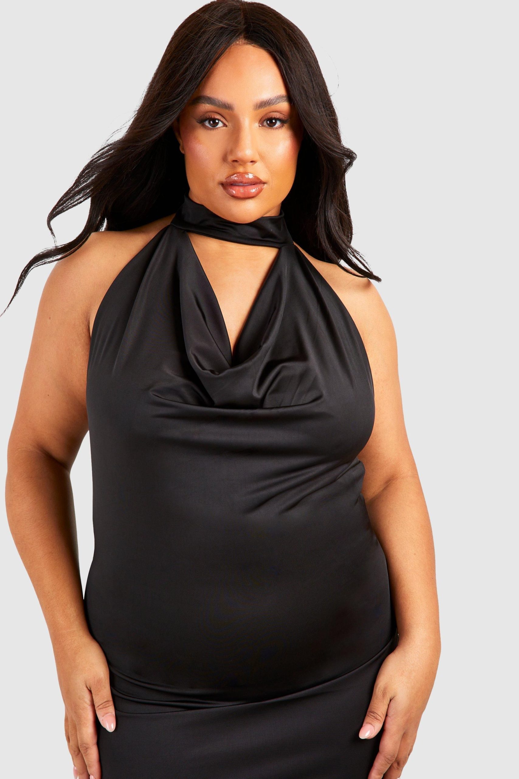 Plus Drape Halterneck Slinky Maxi Dress - Image 4