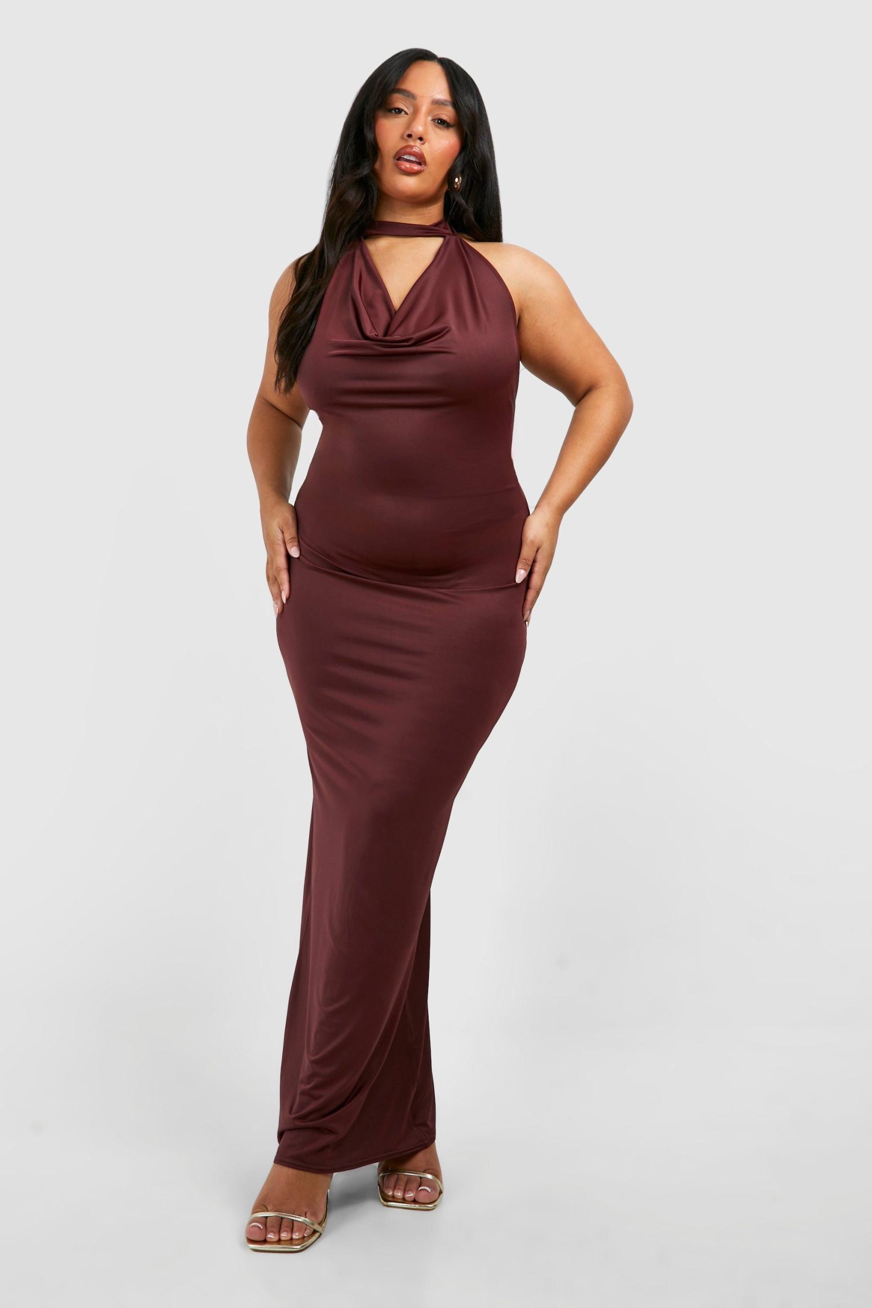 Plus Drape Halterneck Slinky Maxi Dress - Image 3