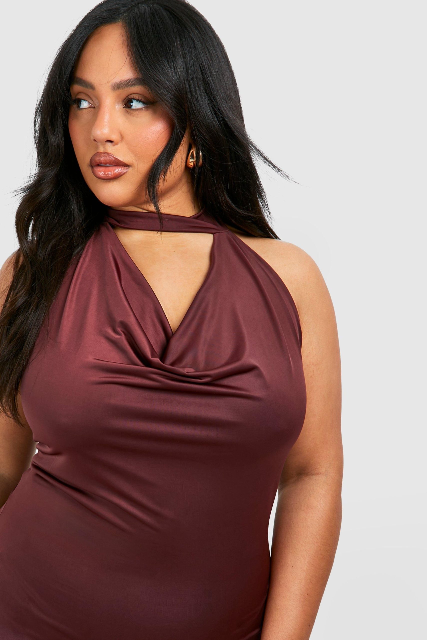 Plus Drape Halterneck Slinky Maxi Dress - Image 4