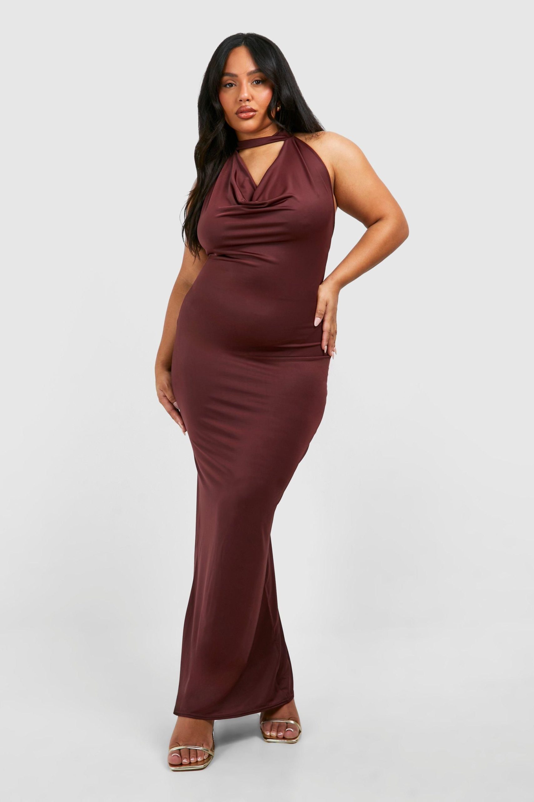 Plus Drape Halterneck Slinky Maxi Dress - Image 5